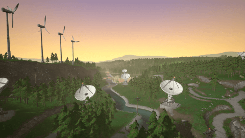 Wide shot of a large portion of the map with radar dishes and wind turbines in view.